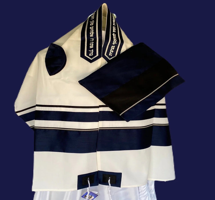 Elegant Cotton Tallit With Ribbons of Navy and Black