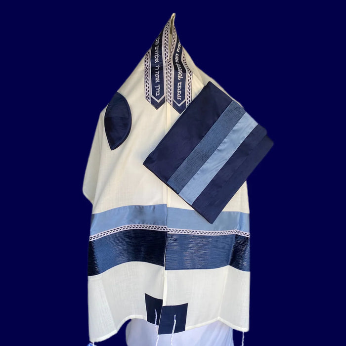 Elegant Cotton Tallit With Blue Velvet Pattern Design