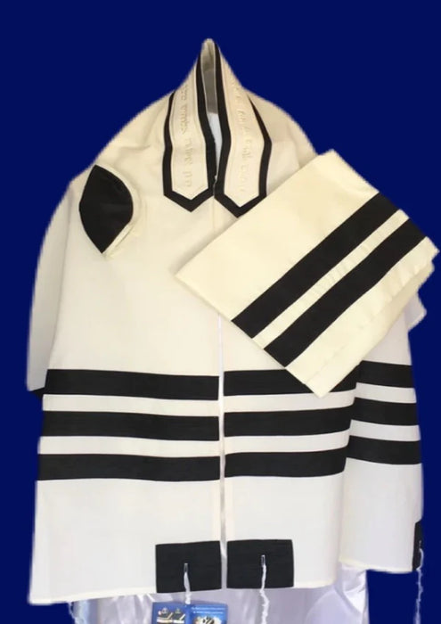 Elegant White Cotton Tallit with Black Silk Stripes