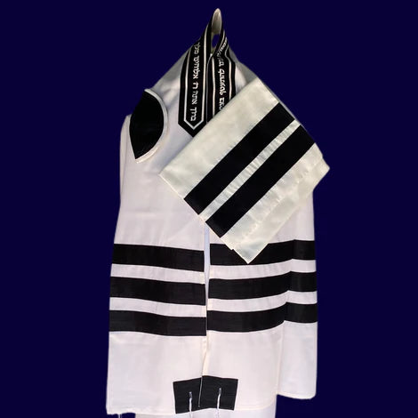 Elegant White Cotton Tallit with Black Silk Stripes