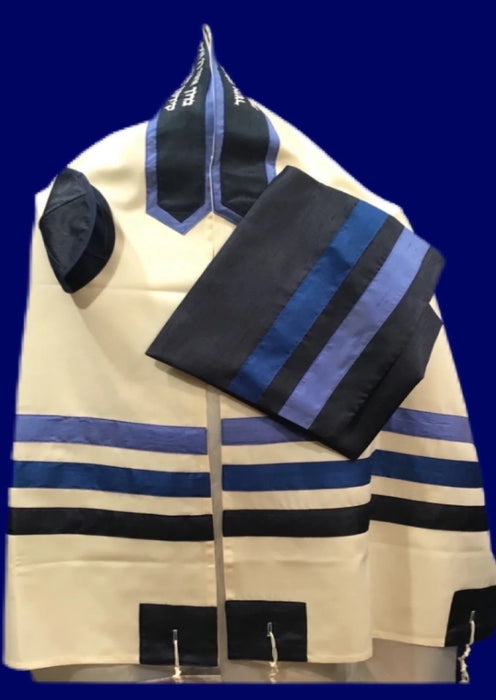 Elegant White Cotton Tallit with Blue and Black Silk Stripes