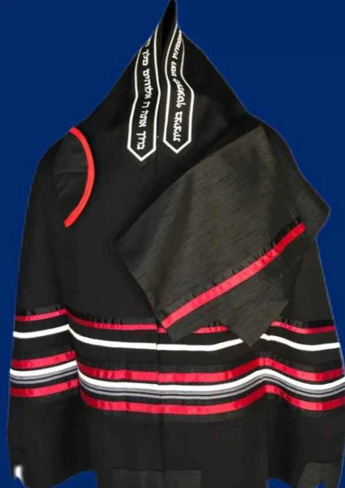Elegant Black with Red and White Pattern Wool Tallit
