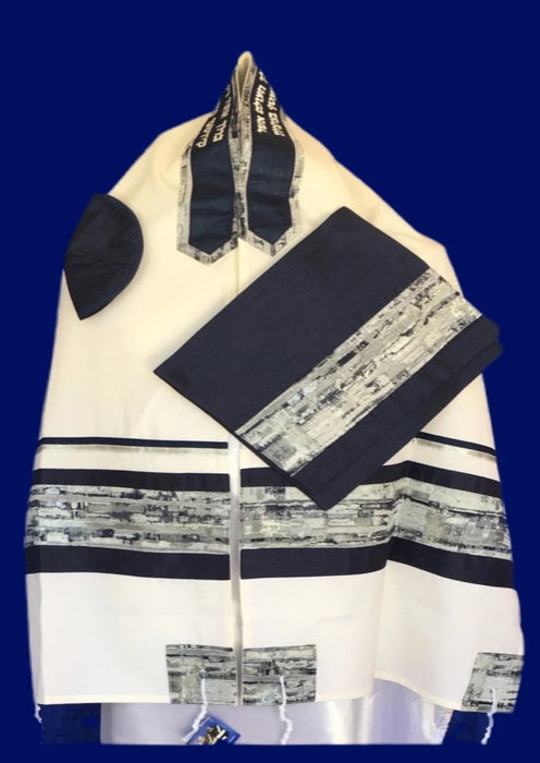 Elegant Navy and Silver Cotton Tallit with Kotel Design