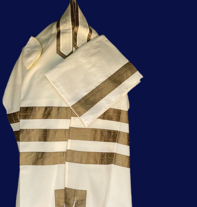 Elegant White Cotton Tallit with Silk Sage Stripes