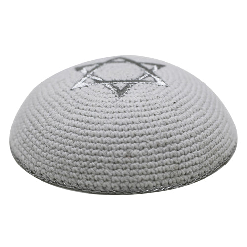 Knitted Kippah White with Silver Star of David