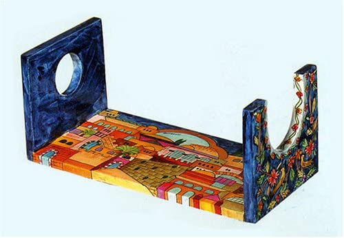 Large Wooden Shofar Stand with Images of Jerusalem - Hand painted