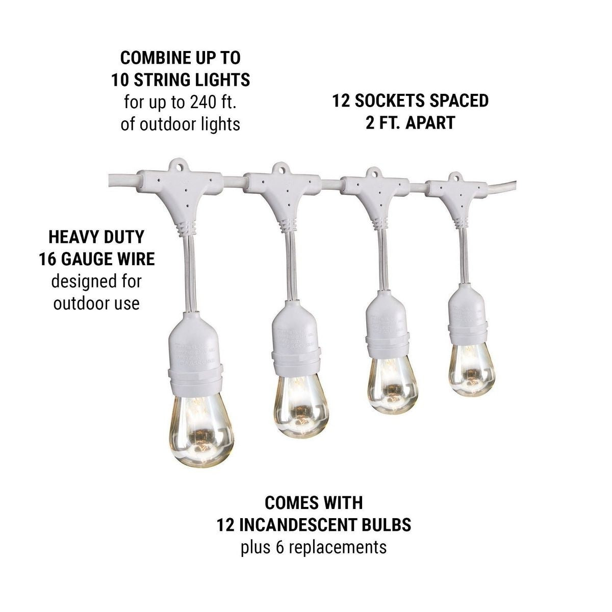 Sukkah Light 24 Feet Long,  12 Socket, 18 Bulbs Outdoor String Light Set