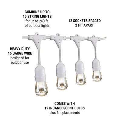 Sukkah Light 24 Feet Long,  12 Socket, 18 Bulbs Outdoor String Light Set