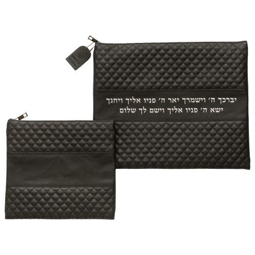 Black Faux Leather Tallit and tefillin Bag Set with kohen Blessing in Silver