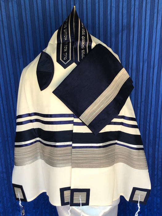 Elegant Detailed Ribbon of Navy Blue and Silver Wool Tallit