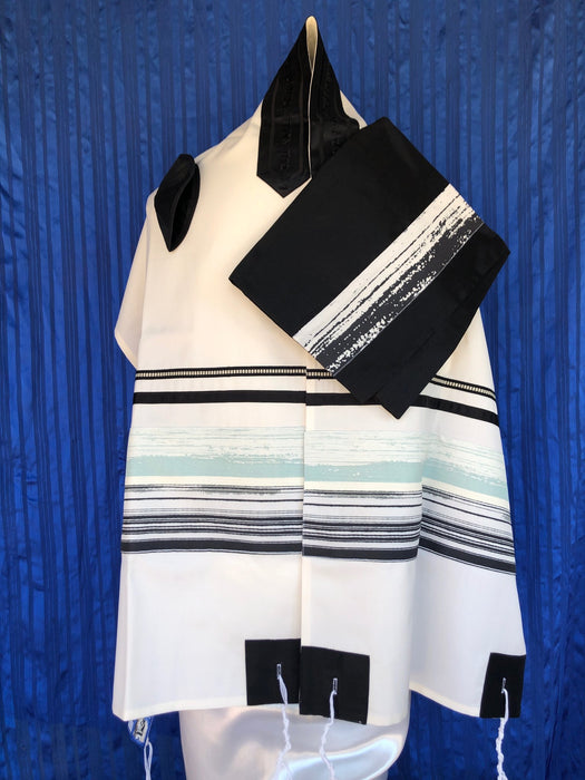 Elegant Black and light Blue Strip Wool Tallit