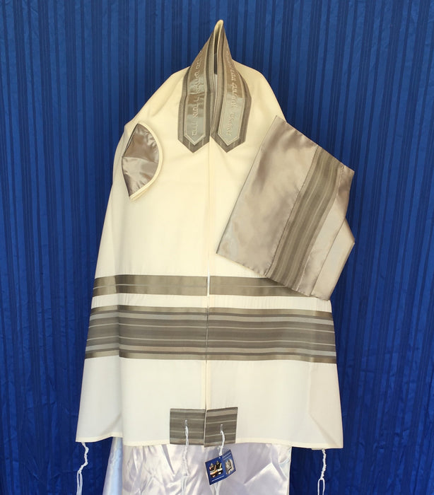 Elegant Detailed Ribbon with Complex Pattern in Detailed Ribbon Gray and Silver Wool Tallit
