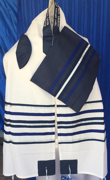 Elegant Blue and Navy pattern White Wool Tallit