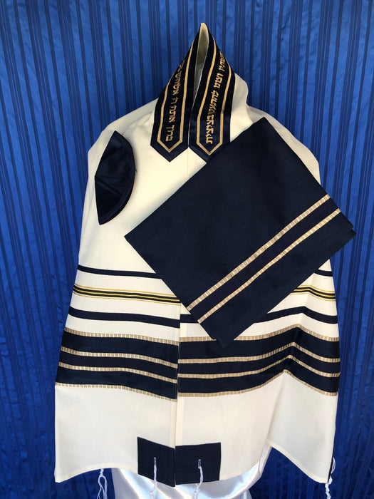 Elegant Blue and Gold pattern White Wool Tallit