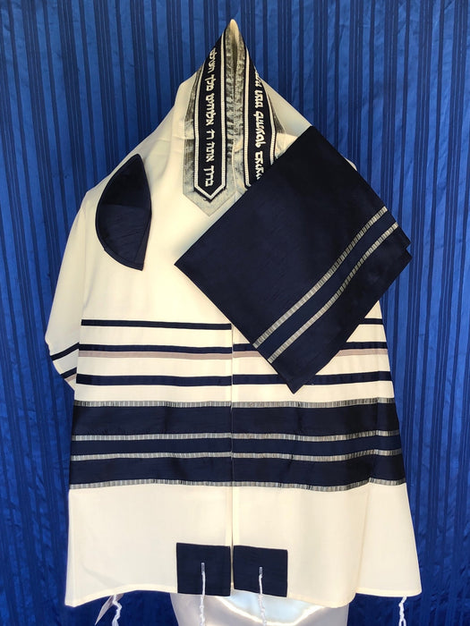 Elegant Blue and Silver pattern White Wool Tallit