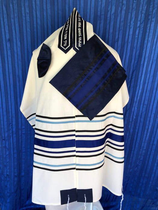 Elegant Blue and Navy Blue pattern White Wool Tallit