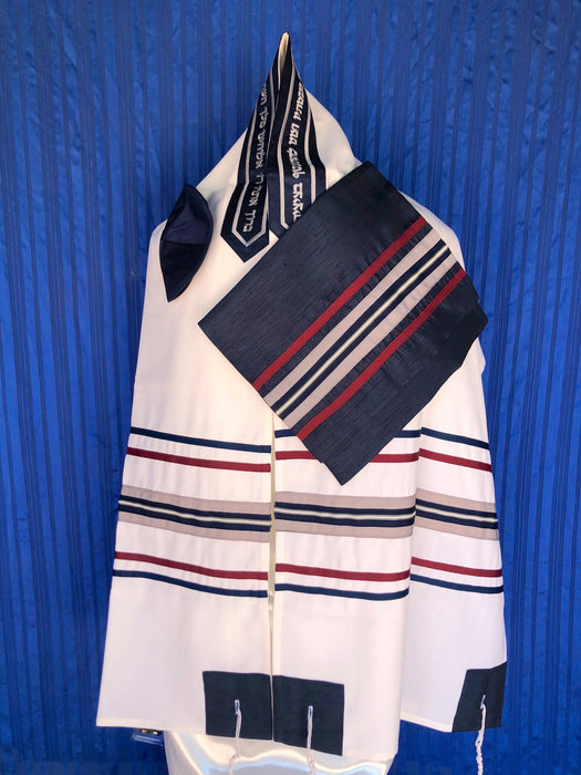 Elegant Navy Blue and Burgundy pattern White Wool Tallit