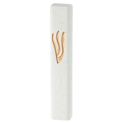 Polyresin Stone-Like  Mezuzah - White with Gold Shin