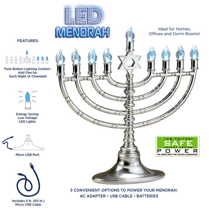Silverton LED Menorah with Clear Bulbs, USB Cable Included