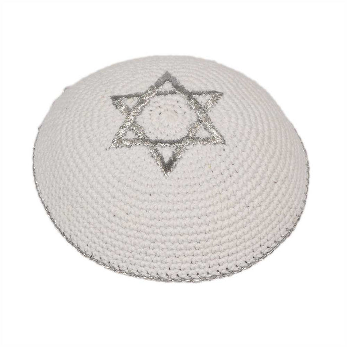 Knitted Kippah White with Silver Star of David