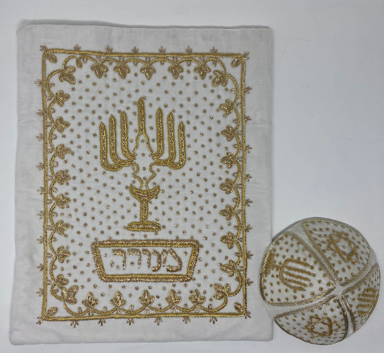 Fancy Grooms Kippah and Tallit Bag Set, with Gold Stitching