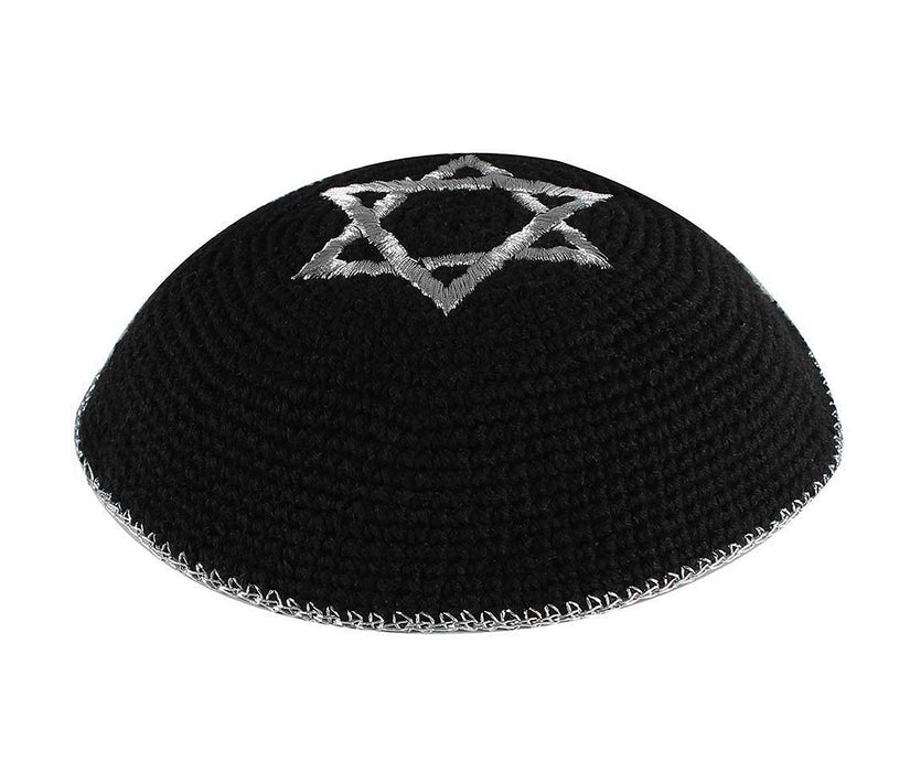 Knitted Kippah Black with Silver Star of David