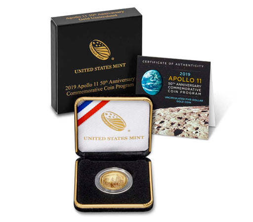 Apollo 11 50th Anniversary 2019 Uncirculated $5 Gold Coin - West Point Mint  - Mitzvahland.com All your Judaica Needs!