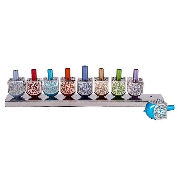 Lasercut Aluminum Dreidel Menorah Multicolor With Silver Overlay By Yair Emanuel